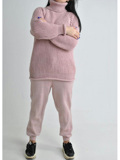 Женский теплый вязаный шерстяной костюм цвета пудры